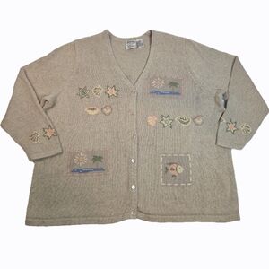 Vintage CJ Banks Coastal Embroidered Cardigan Tan 2X Grandmacore Cottagecore